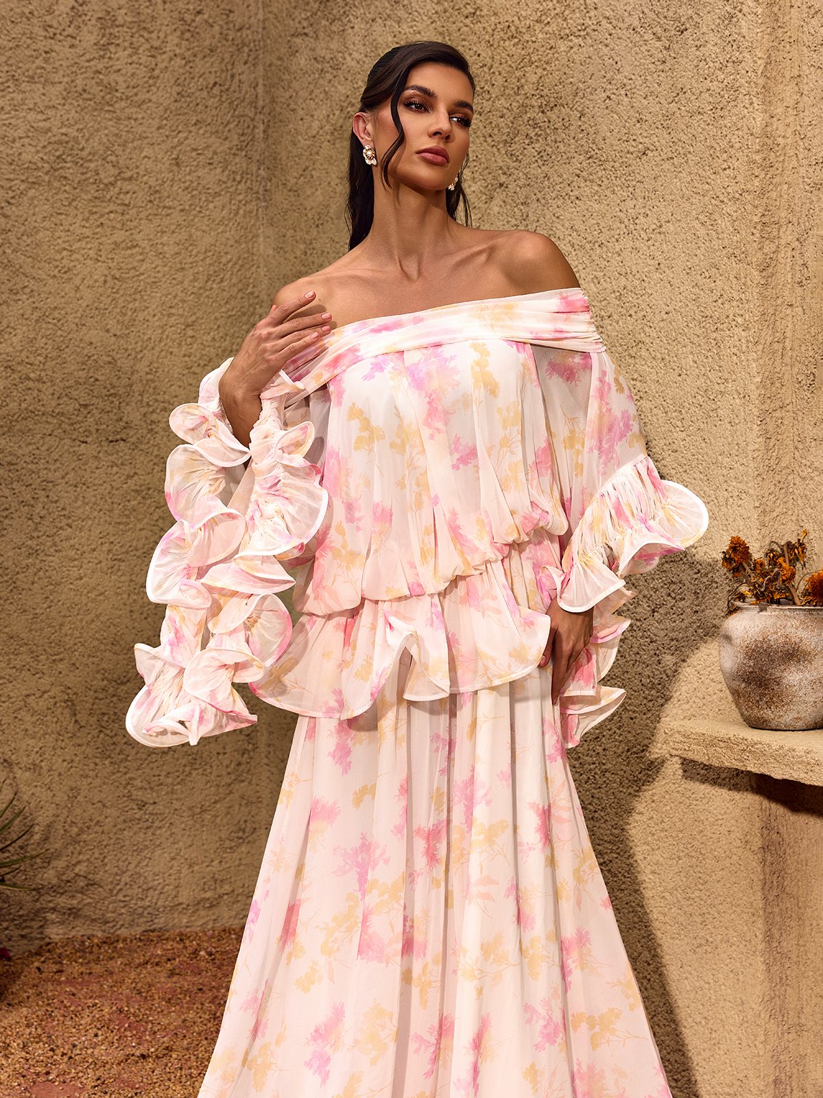 Rosstef Floral Ruffle Maxi Dress