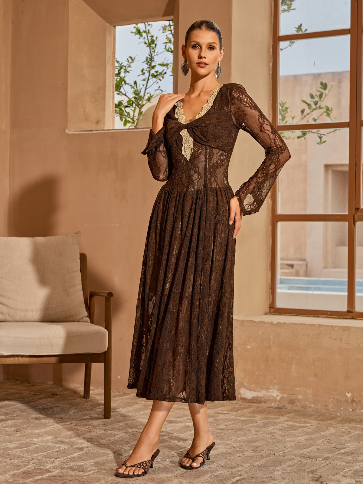 Rosstef Cherida V Neck Lace Midi Dress
