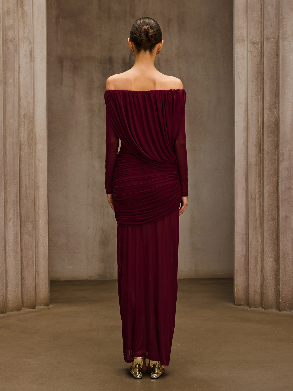 Chiyoye Off Shoulder Draped Maxi Dress In Wine