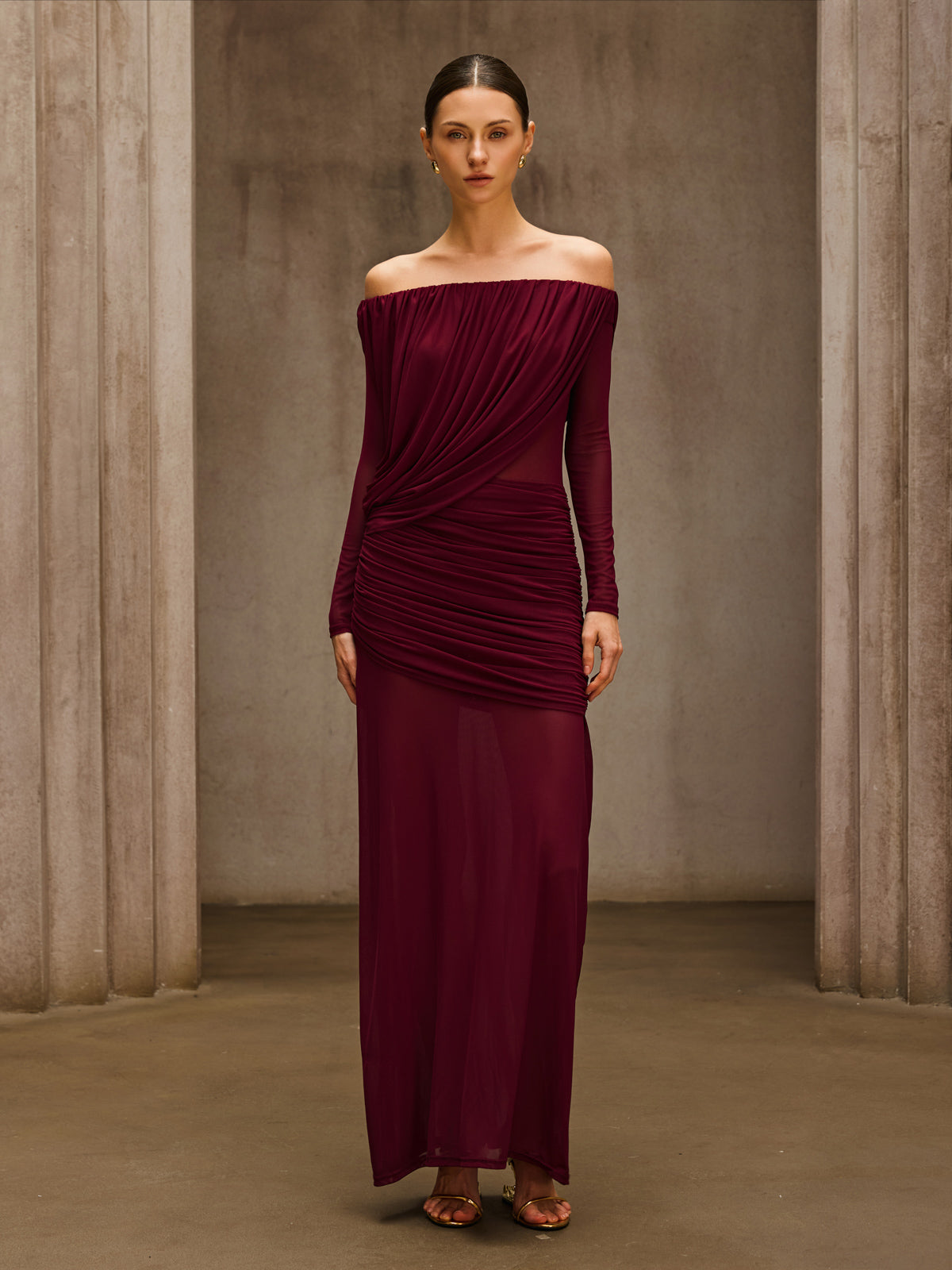 Chiyoye Off Shoulder Draped Maxi Dress In Wine