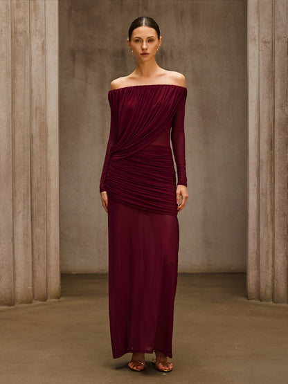 Chiyoye Off Shoulder Draped Maxi Dress In Wine
