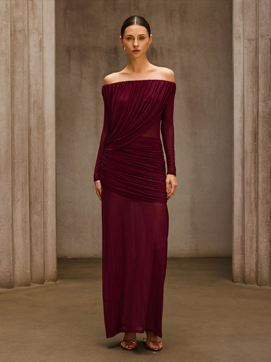 Chiyoye Off Shoulder Draped Maxi Dress In Wine