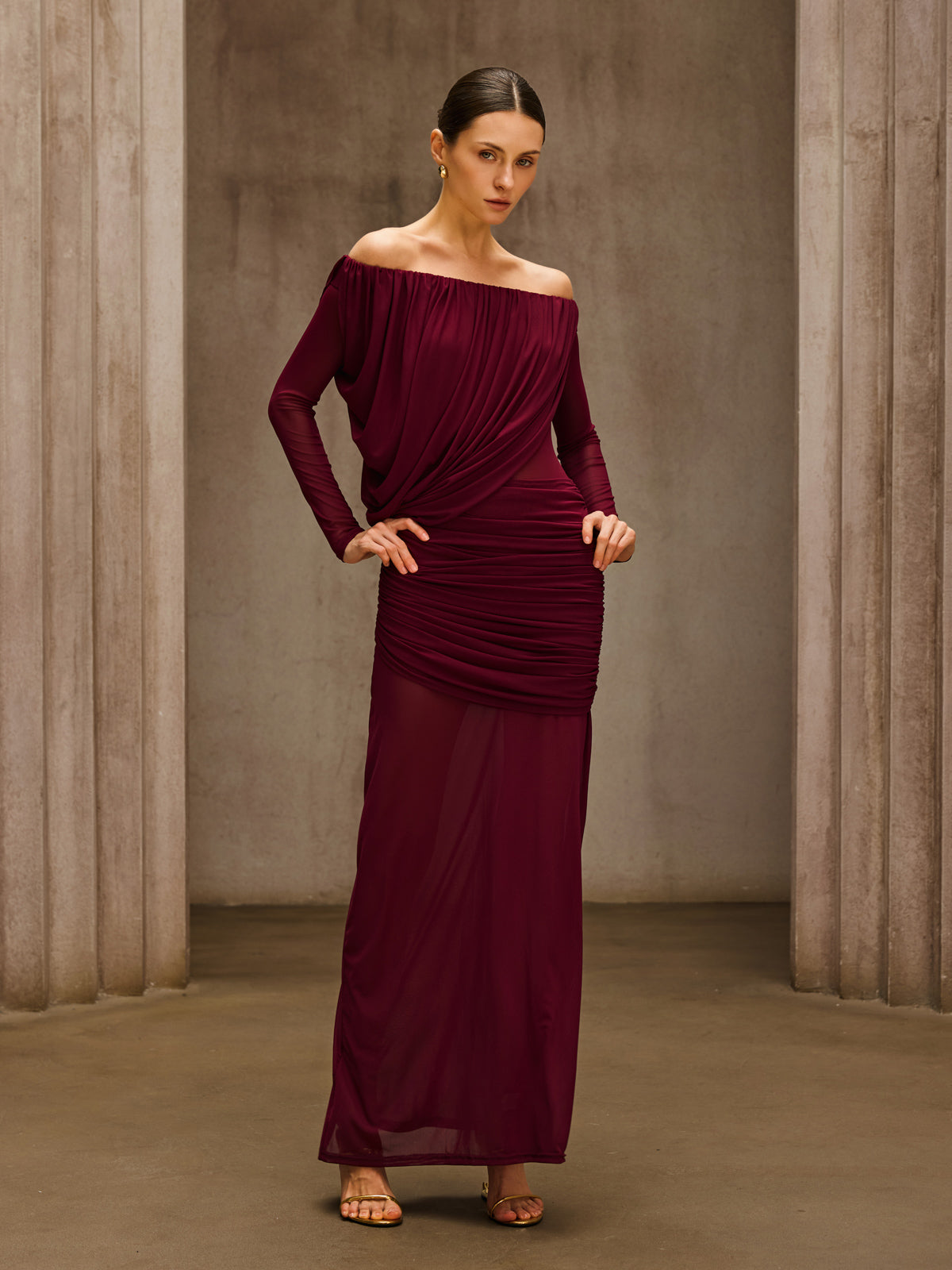 Chiyoye Off Shoulder Draped Maxi Dress In Wine