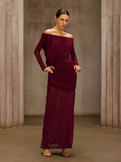 Chiyoye Off Shoulder Draped Maxi Dress In Wine