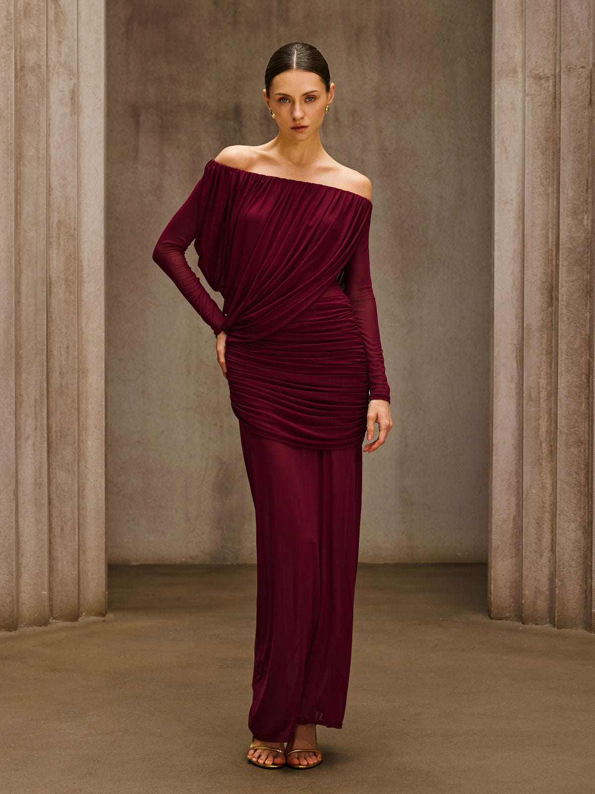 Chiyoye Off Shoulder Draped Maxi Dress In Wine