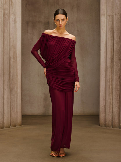 Chiyoye Off Shoulder Draped Maxi Dress In Wine