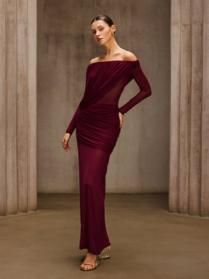 Chiyoye Off Shoulder Draped Maxi Dress In Wine