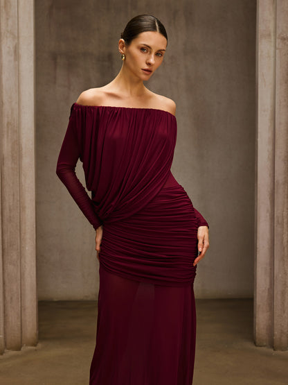 Chiyoye Off Shoulder Draped Maxi Dress In Wine