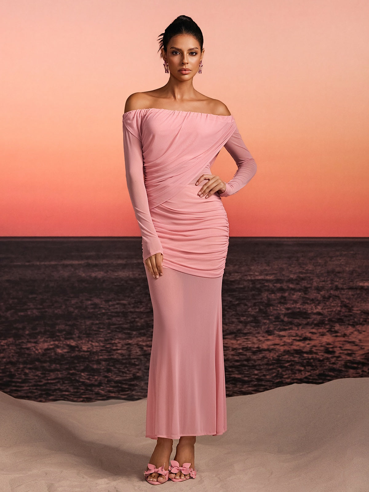 Chiyoye Off Shoulder Draped Maxi Dress In Pink