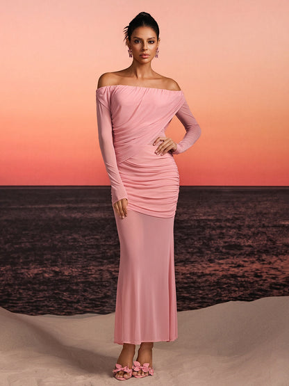 Chiyoye Off Shoulder Draped Maxi Dress In Pink