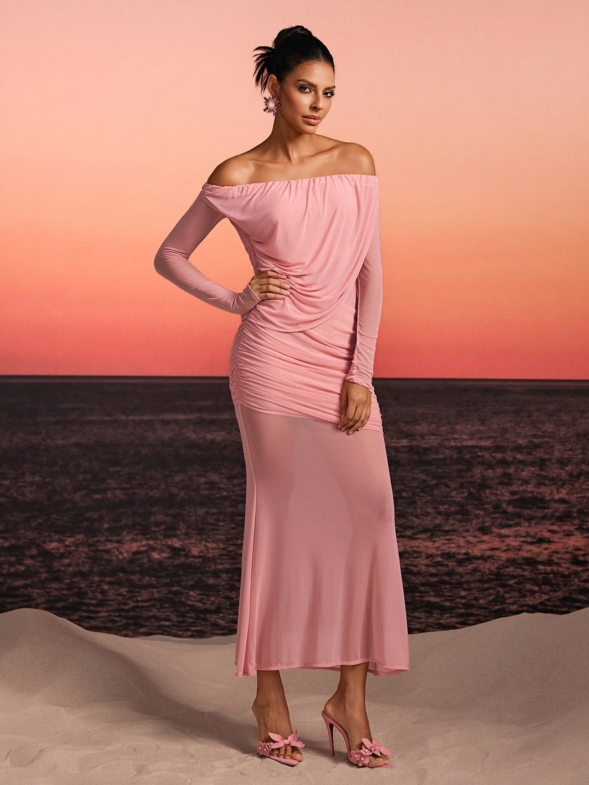 Chiyoye Off Shoulder Draped Maxi Dress In Pink