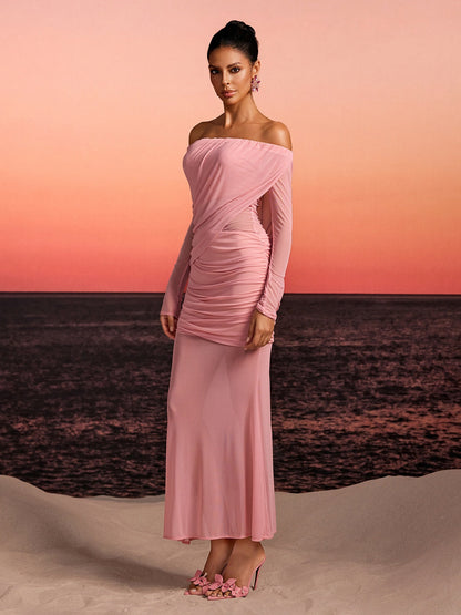 Chiyoye Off Shoulder Draped Maxi Dress In Pink