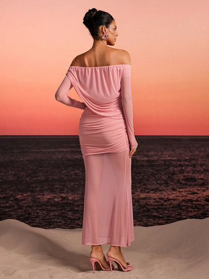 Chiyoye Off Shoulder Draped Maxi Dress In Pink