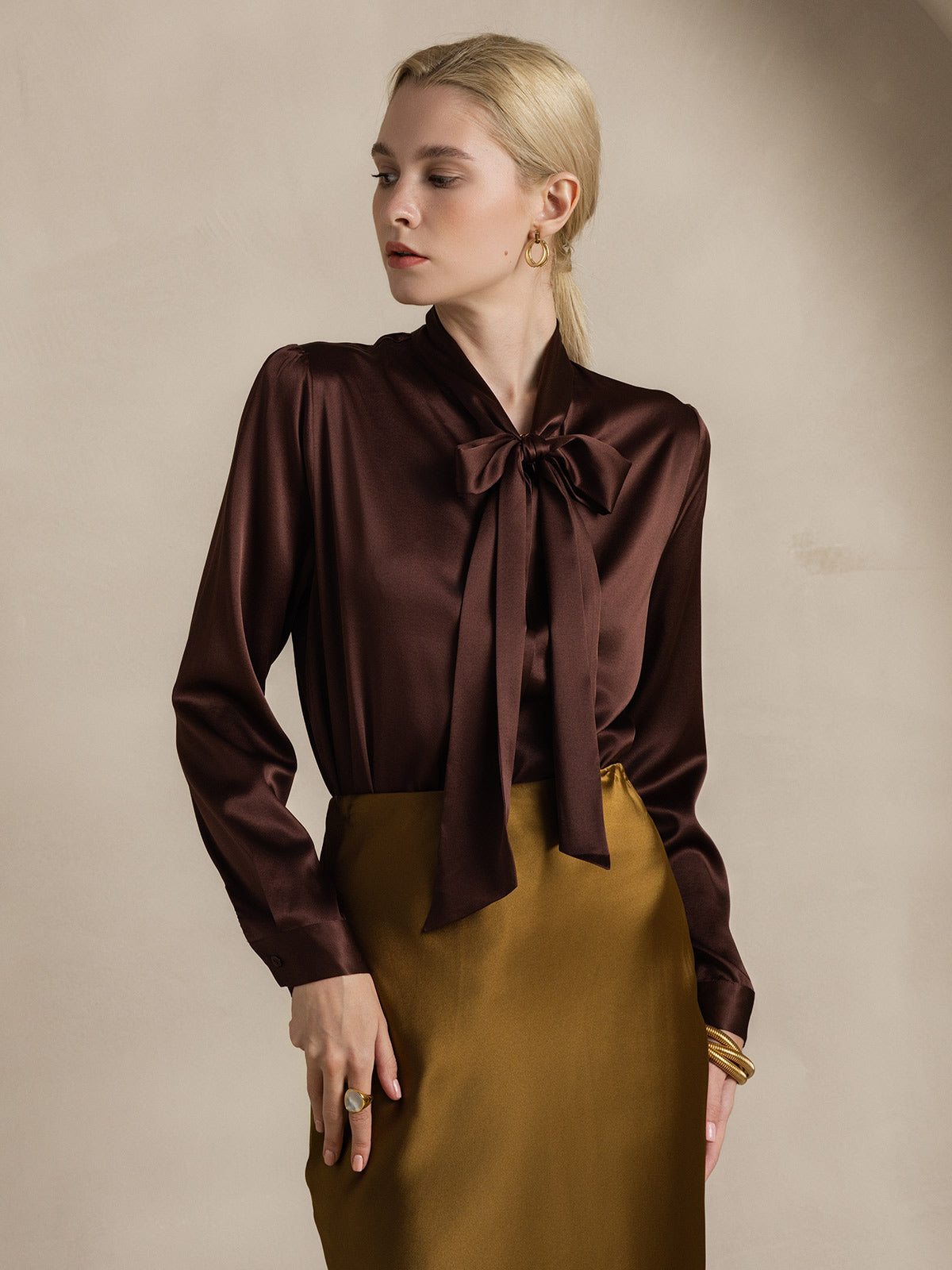 Rosstef 19Momme Silk Long Sleeve Tie Neck Blouse