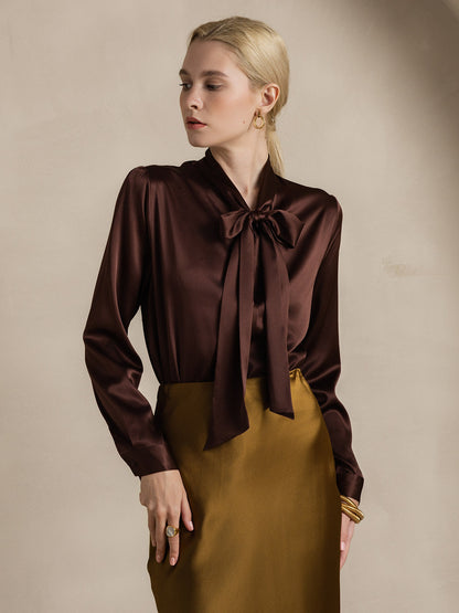 Rosstef 19Momme Silk Long Sleeve Tie Neck Blouse
