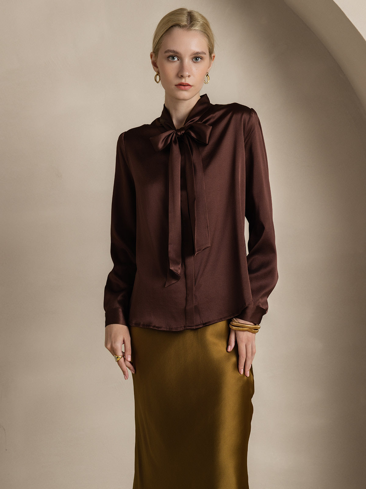 Rosstef 19Momme Silk Long Sleeve Tie Neck Blouse