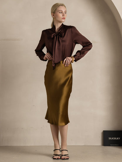 Rosstef 19Momme Silk Long Sleeve Tie Neck Blouse