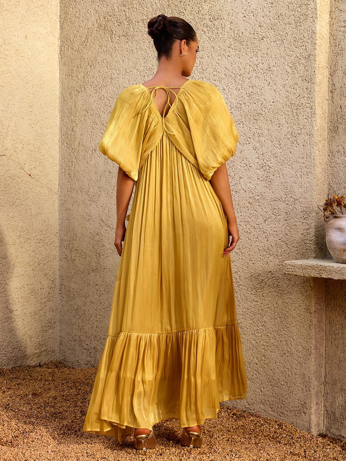 Corthiel Puff Sleeve Flower Ruched Maxi Dress