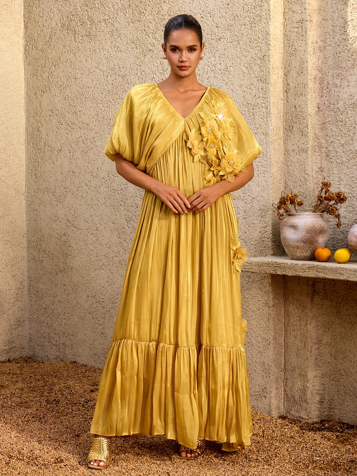 Corthiel Puff Sleeve Flower Ruched Maxi Dress