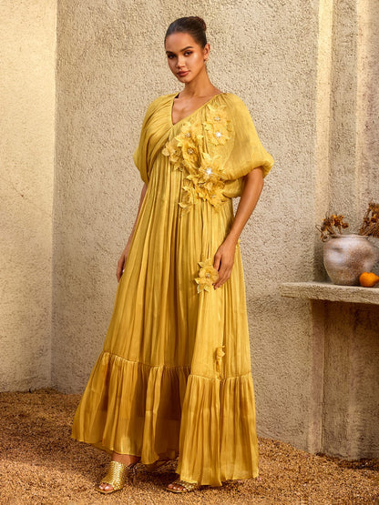 Corthiel Puff Sleeve Flower Ruched Maxi Dress