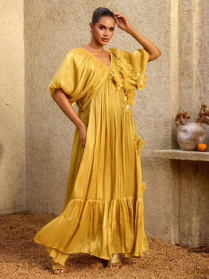 Corthiel Puff Sleeve Flower Ruched Maxi Dress
