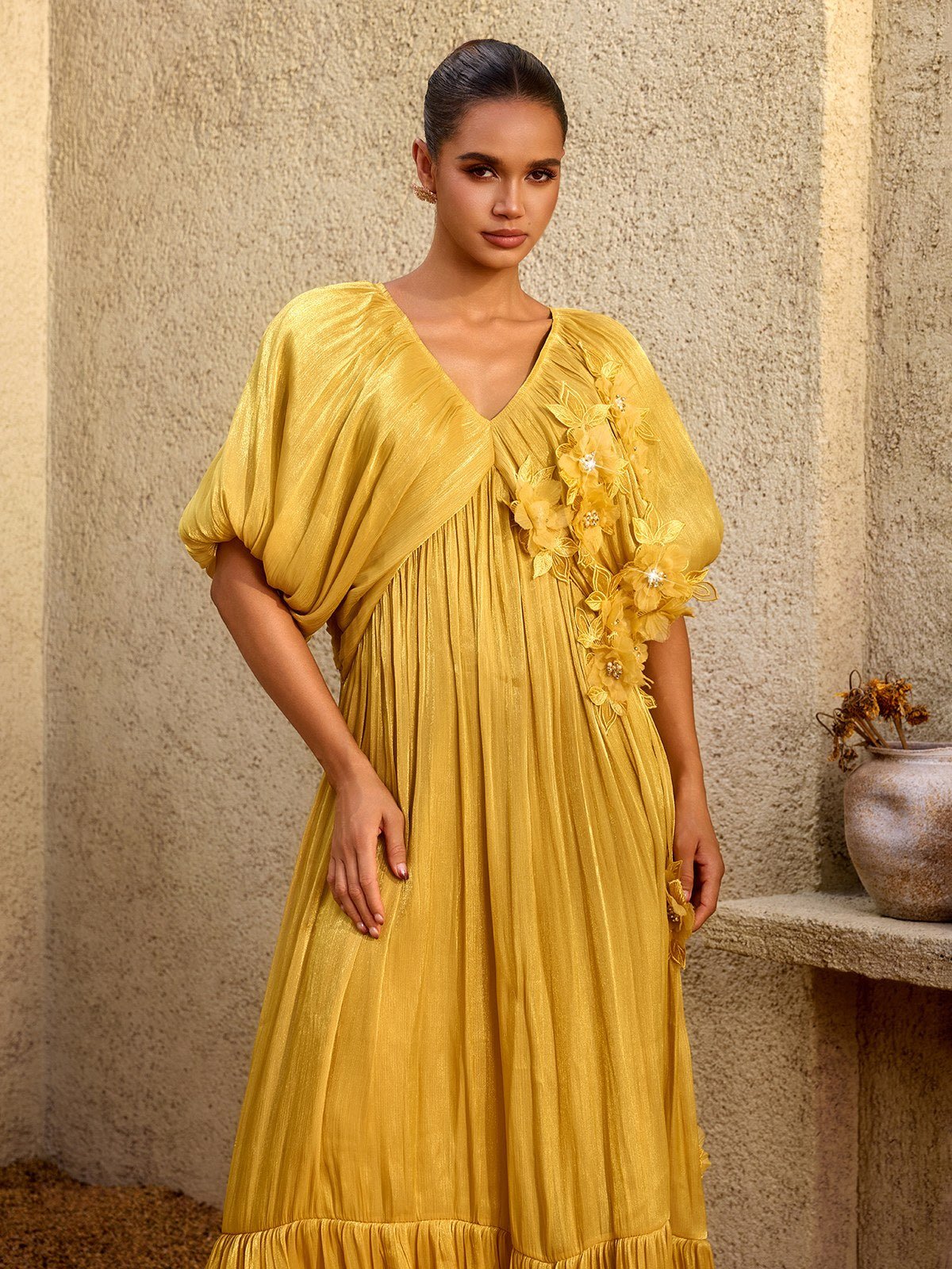 Corthiel Puff Sleeve Flower Ruched Maxi Dress