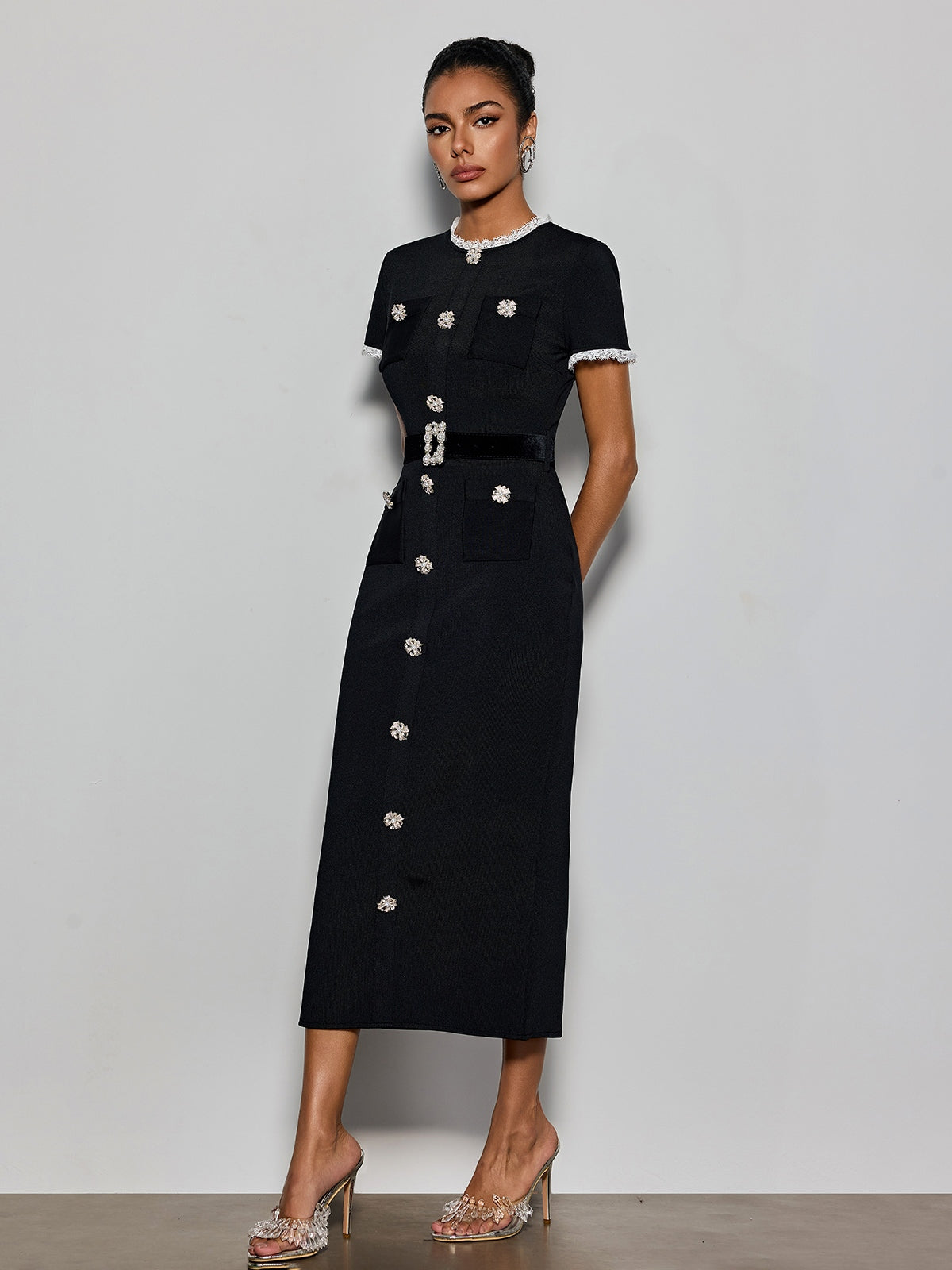 Rosstef Kısa Kollu Pearl Knitted Midi Giyinme