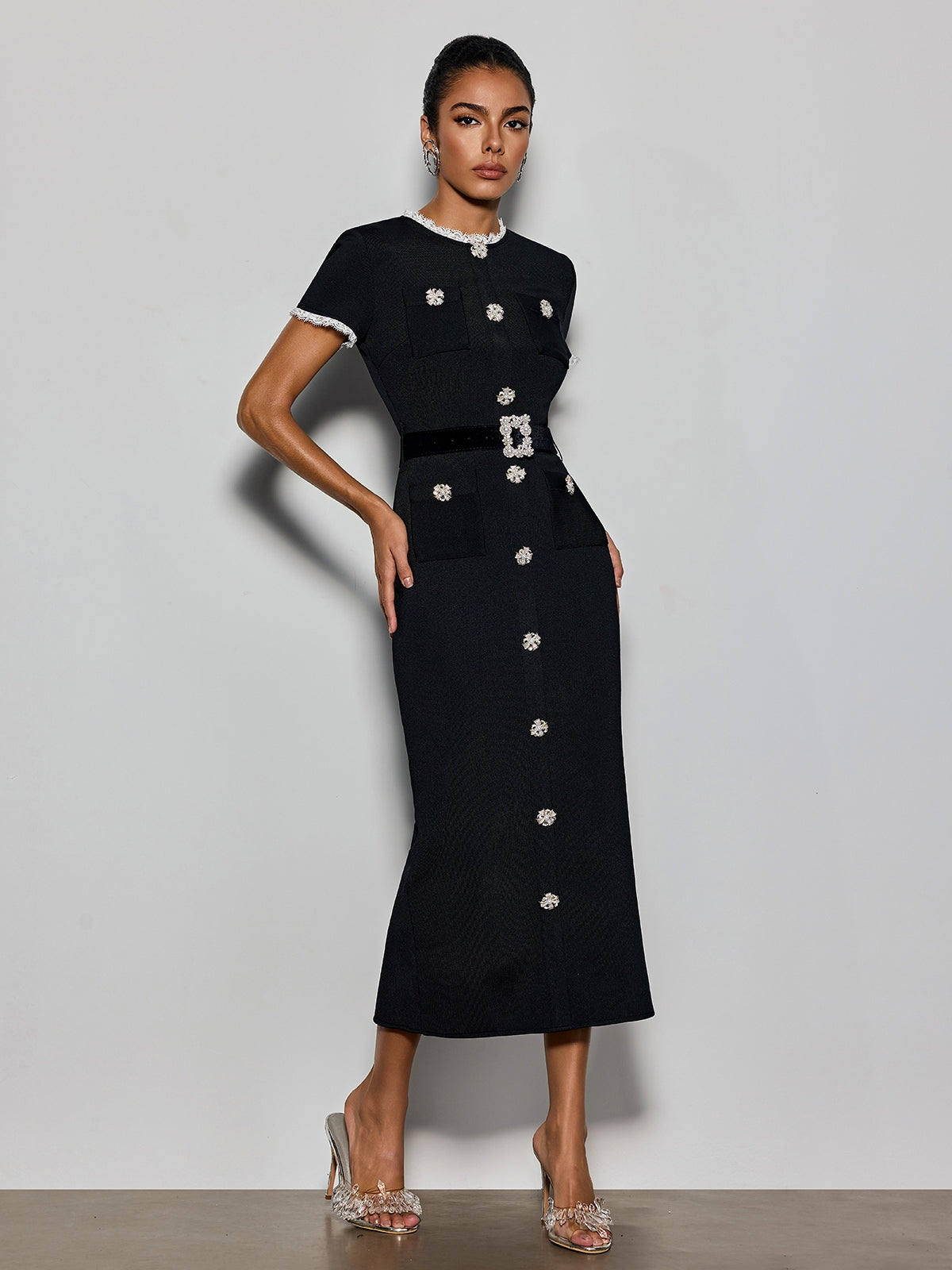 Rosstef Kısa Kollu Pearl Knitted Midi Giyinme