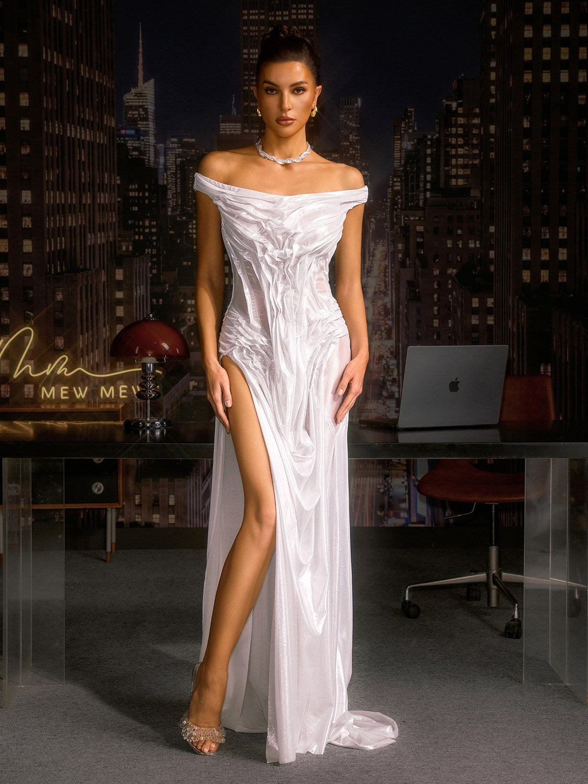 Cylora Off Shoulder Ruched Split Maxi Dress In White