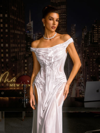 Cylora Off Shoulder Ruched Split Maxi Dress In White