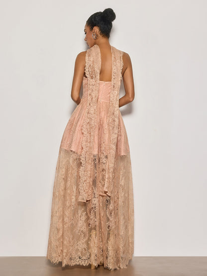Cyma Strapless Scarf Lace Maxi Dress