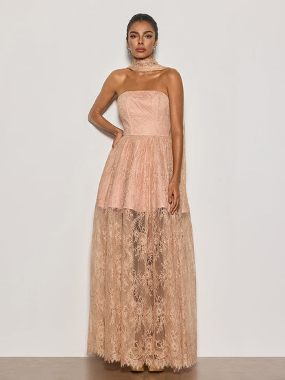 Cyma Strapless Scarf Lace Maxi Dress