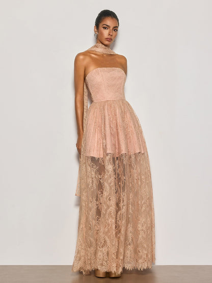 Cyma Strapless Scarf Lace Maxi Dress