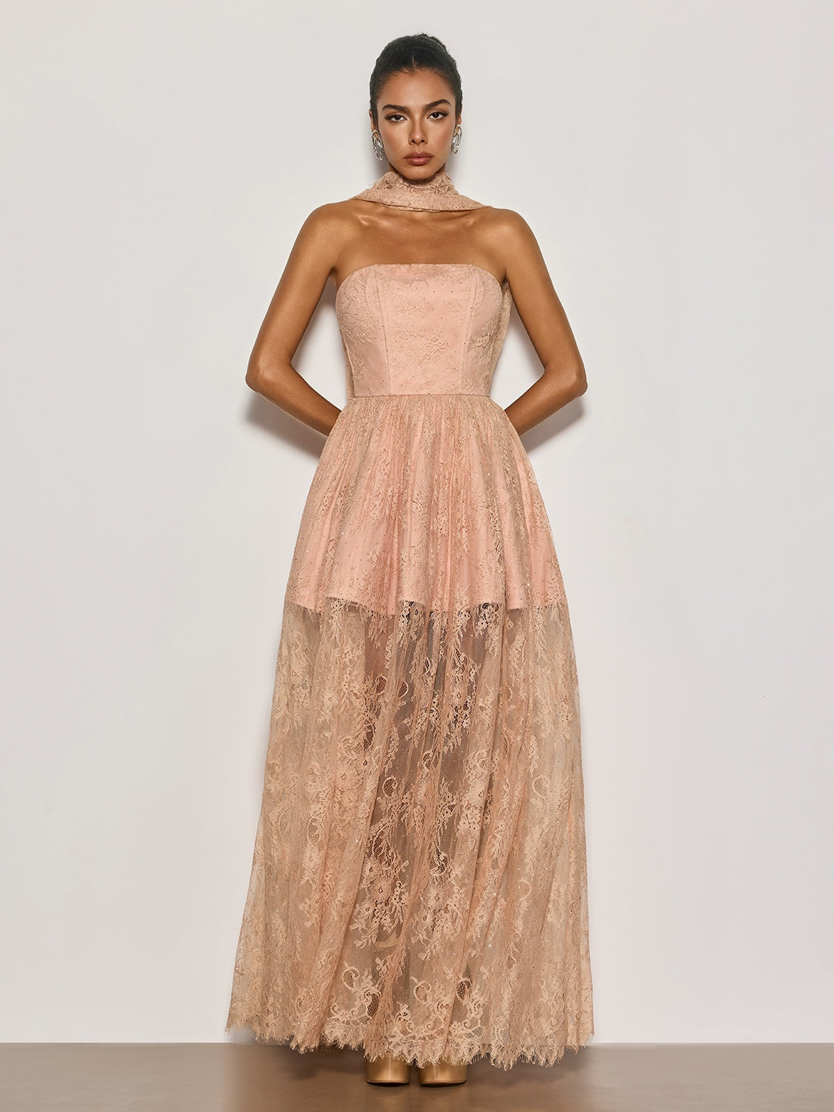 Cyma Strapless Scarf Lace Maxi Dress