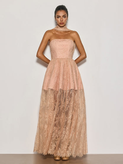 Cyma Strapless Scarf Lace Maxi Dress