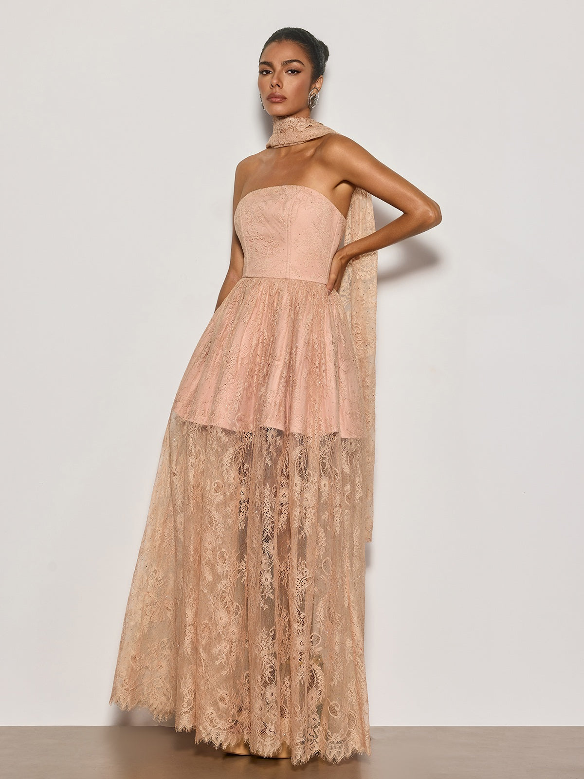 Cyma Strapless Scarf Lace Maxi Dress