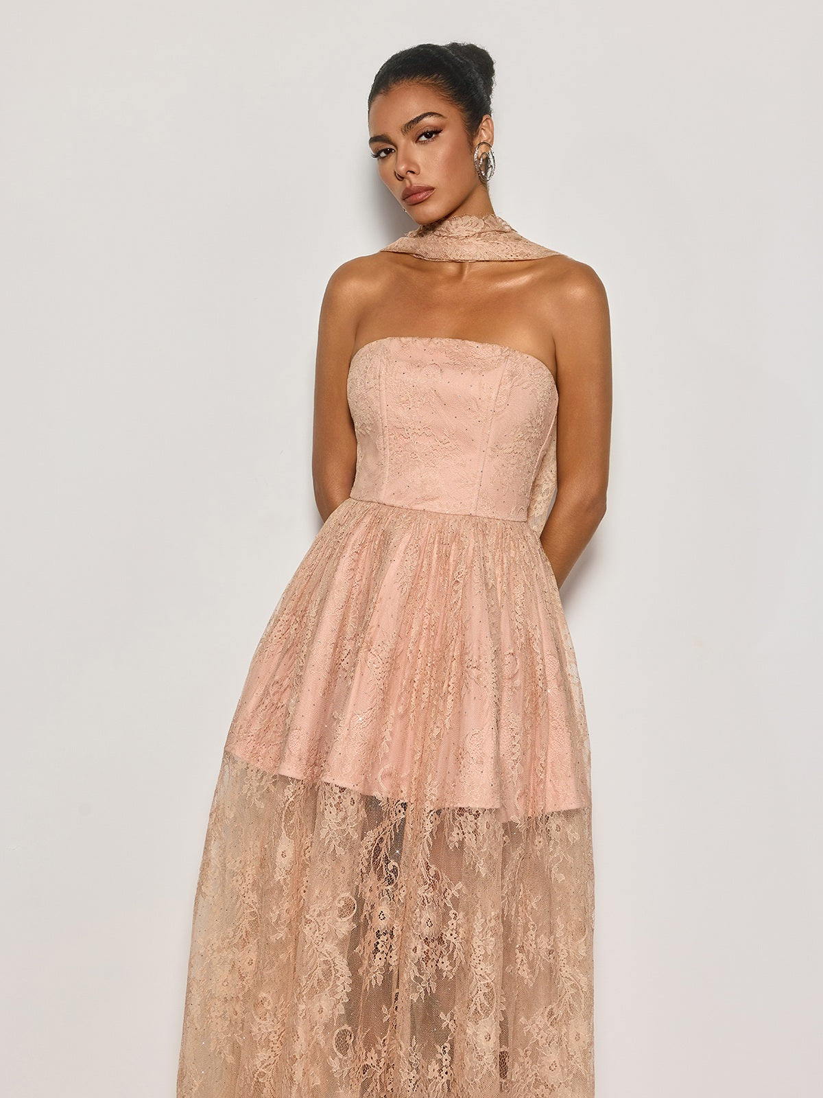 Cyma Strapless Scarf Lace Maxi Dress