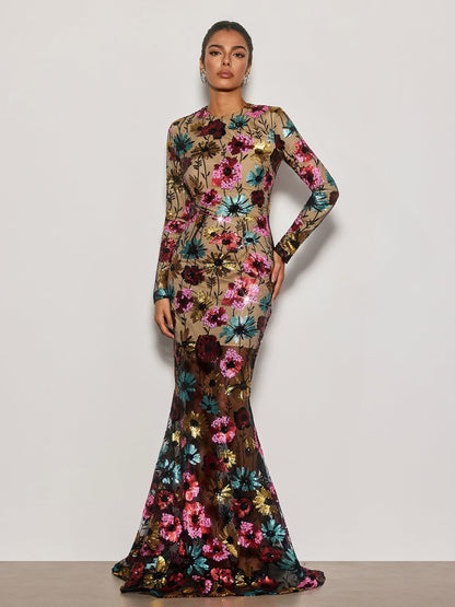 Rosstef Cyndi Long Sleeve Floral Sequin Maxi Dress