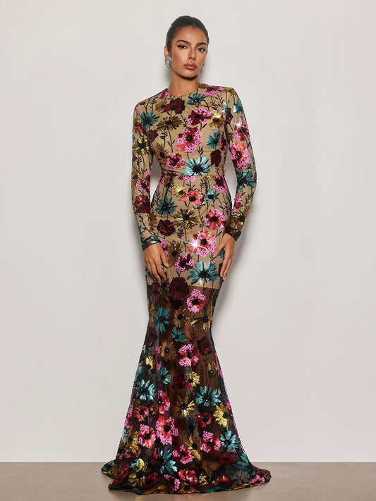 Rosstef Cyndi Long Sleeve Floral Sequin Maxi Dress