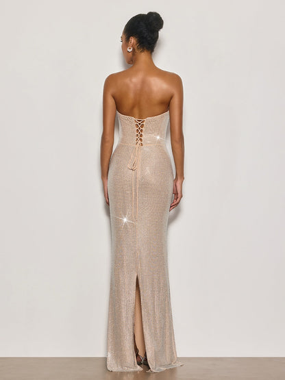 Cyrah Strapless Rhinestone Maxi Dress