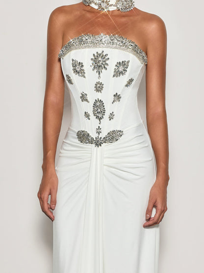 Cyrila Strapless Crystal Scarf Maxi Dress