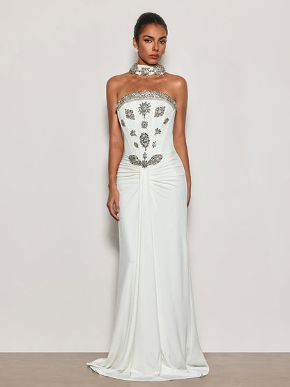 Cyrila Strapless Crystal Scarf Maxi Dress