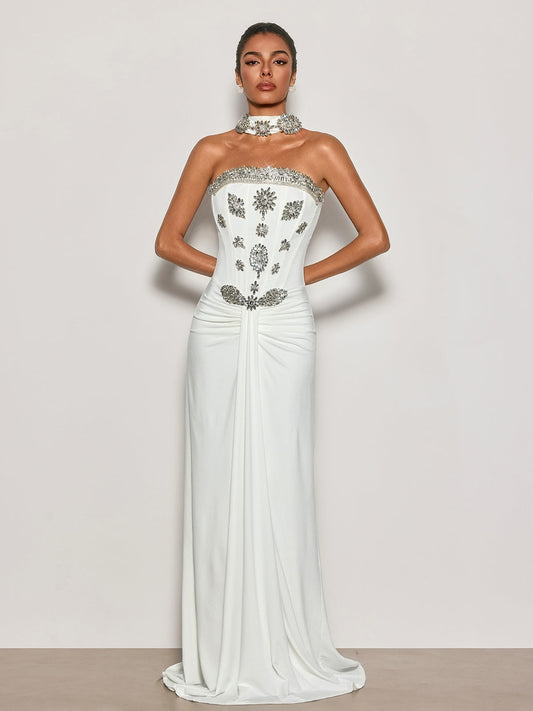 Rosstef Cyrila Strapless Crystal Scarf Maxi Dress