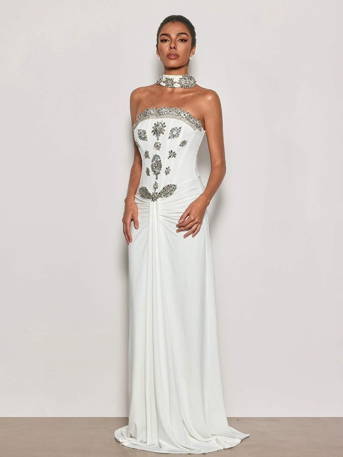 Cyrila Strapless Crystal Scarf Maxi Dress
