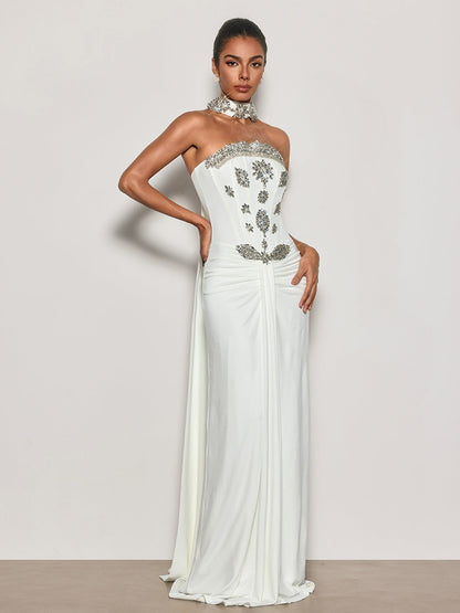 Cyrila Strapless Crystal Scarf Maxi Dress
