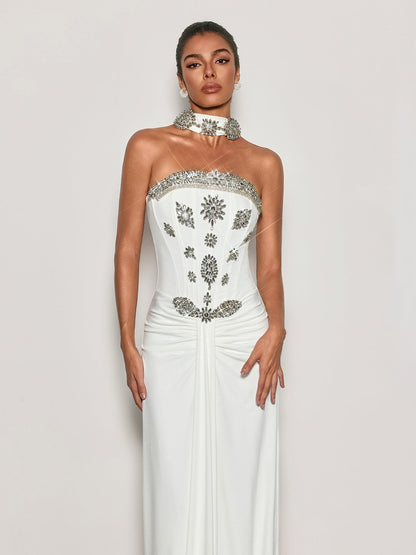 Cyrila Strapless Crystal Scarf Maxi Dress