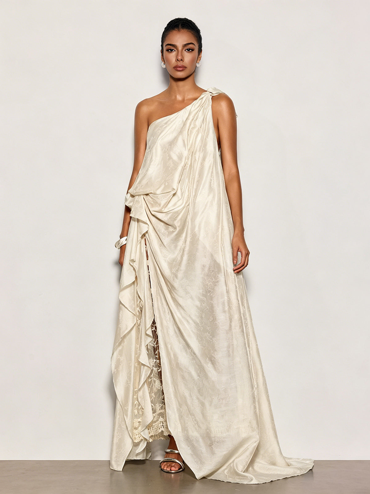 Czelaw One Shoulder Lace Maxi Dress In White