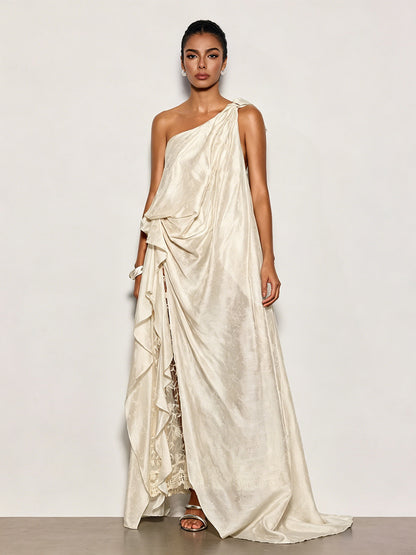 Czelaw One Shoulder Lace Maxi Dress In White