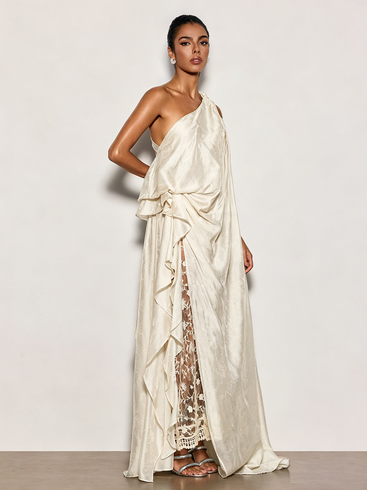 Czelaw One Shoulder Lace Maxi Dress In White