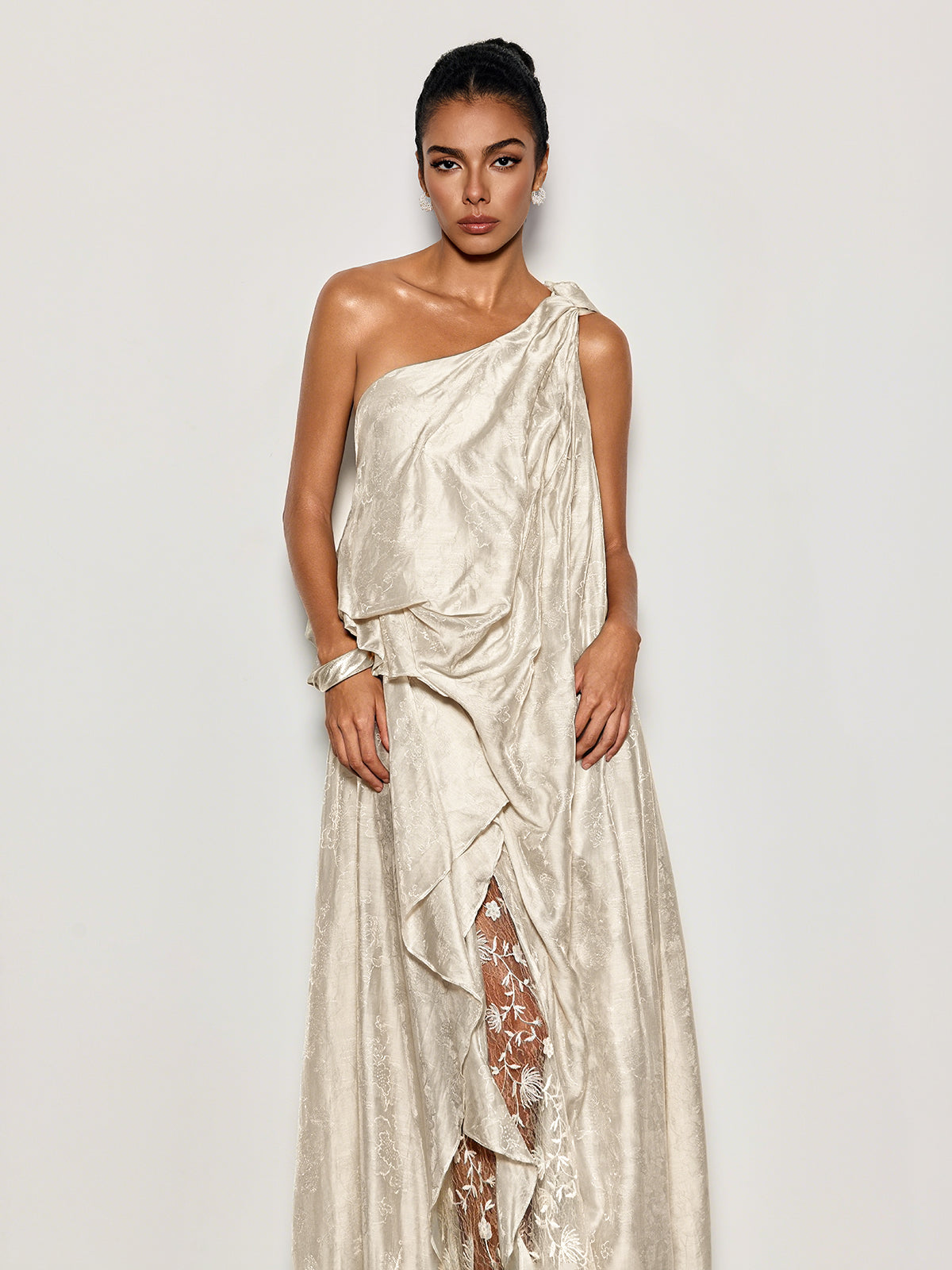 Czelaw One Shoulder Lace Maxi Dress In White